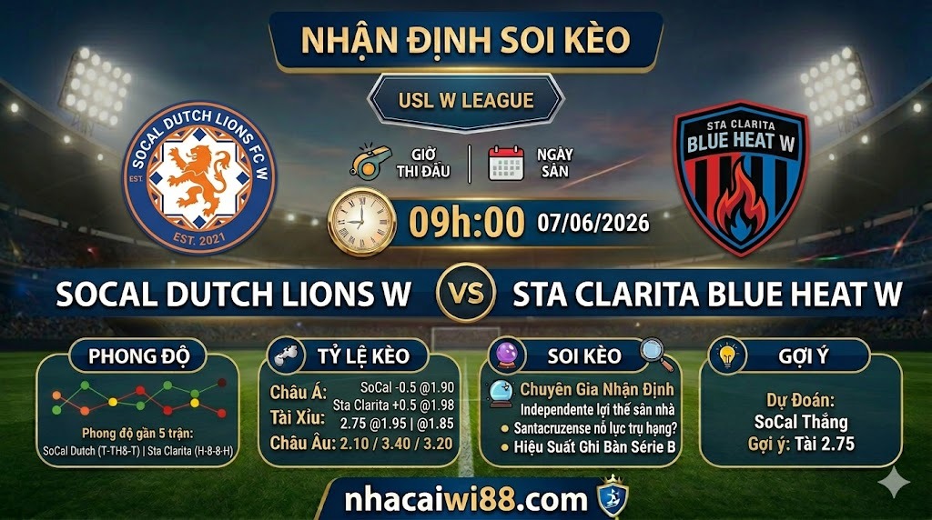 Nhận định soi kèo SoCal Dutch Lions W vs Sta Clarita Blue Heat W 09h 00 ngày 07/06/2026 – USL W League