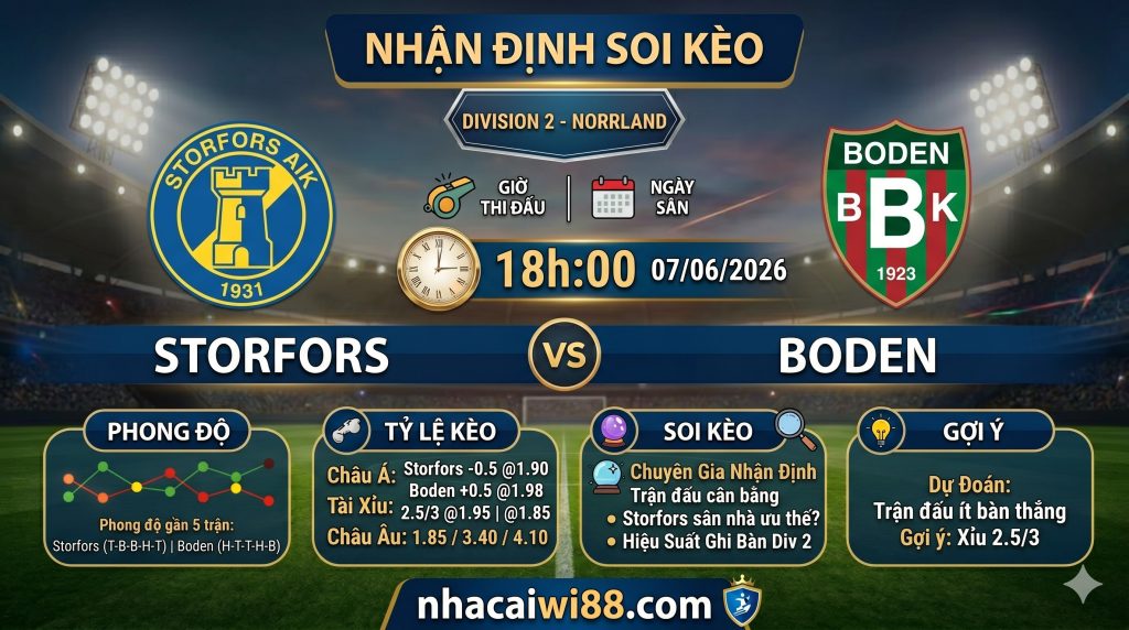 Nhận định soi kèo Storfors vs Boden 18h 00 ngày 07/06/2026 – Division 2 - Norrland