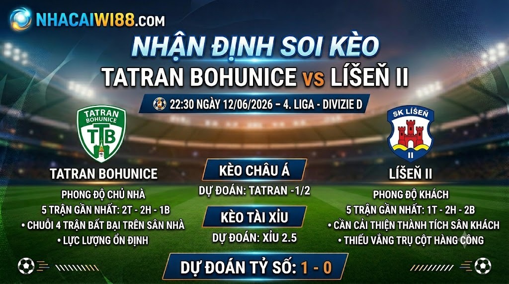 Nhận định soi kèo Tatran Bohunice vs Líšeň II 22h 30 ngày 12/06/2026 – 4. liga - Divizie D